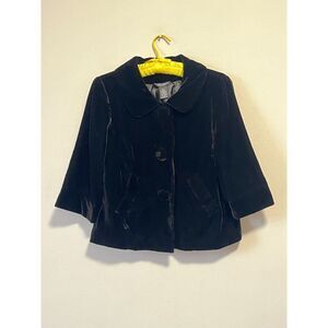 2000s Black Velvet Swing Jacket Peter Pan Collar Cropped Sleeve Size 8